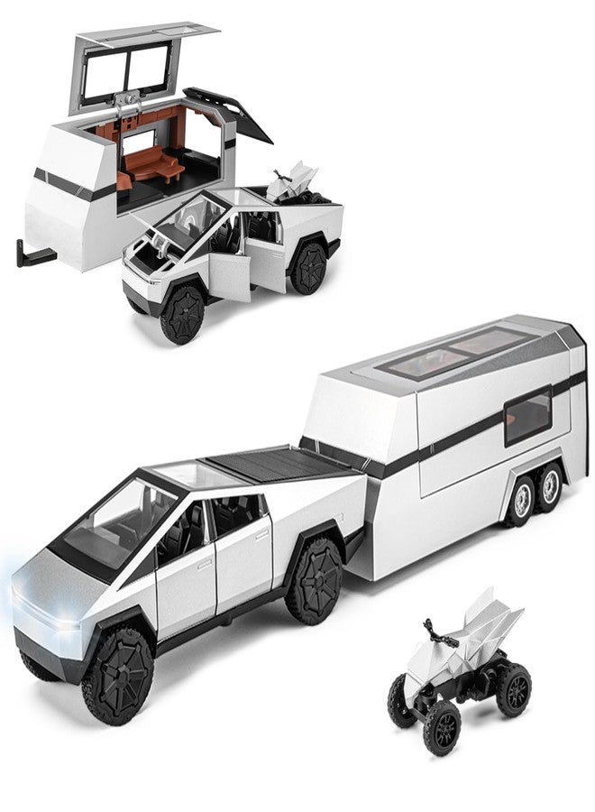 Samtop Cybertruck Toy for Kids, Pickup Truck with RV Motorcycle Cybertquad Metal Die-cast Model Car, 1/32 Toy Truck and Trailer with Sound/Light/Pull Back, Ideal Gift for Boys (Silver) - Image 1